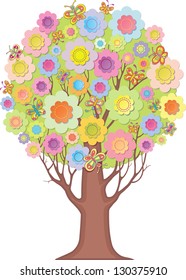 Isolated ornamental tree. Foliage of stylized flowers and butterflies.