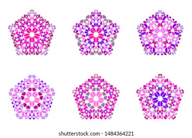 Isolated ornate gemstone pentagon symbol set - abstract pentagonal geometrical vector illustrations from stones