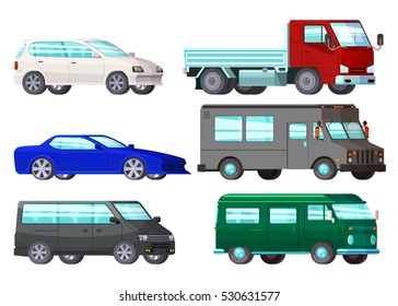 Isolated orthogonal cartoon style car images set with six cars of different colour and auto bodyshell vector illustration