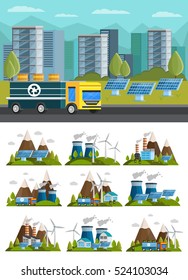 Isolated orthogonal ecology compositions set with traditional and alternative power sources in mountains and urban scenery vector illustration