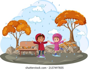 Isolated outdoor park with children playing raining illustration