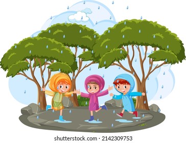 Isolated outdoor park with children playing raining illustration