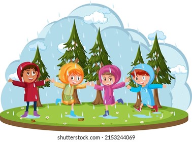 Isolated outdoor park with children playing raining illustration