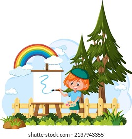 Isolated outdoor park with a girl drawing on canvas illustration