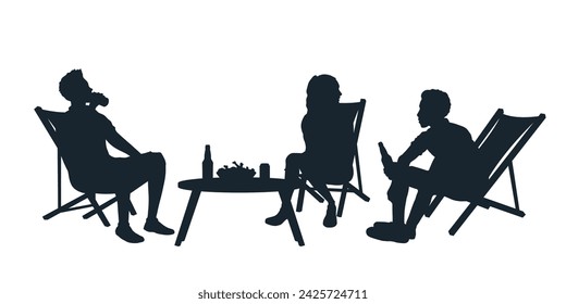 Isolated outdoor scene. Black silhouette of friends picnic. Young people resting with beer and snacks. Summer bbq party. Weekend party. Vector illustrator