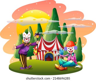 Isolated outdoor scene with clown cartoon characters illustration