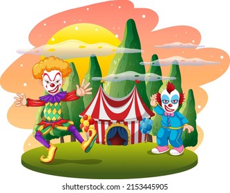Isolated outdoor scene with clown cartoon characters illustration