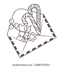 Isolated Outline Christmas envelope with candy canes, bow and holly berry. Vector illustration on a white background
