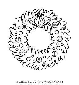 Isolated outline Christmas fir wreath decorated with Xmas decoration balls, bells. Kids coloring page. Color the contour New Year spruce wreath. Black and white vector for winter holiday design.