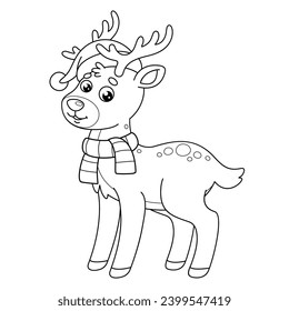 Isolated outline Christmas reindeer in Xmas hat of Santa and scarf. Page of the kids coloring book. Color the contour cute New Year deer. Black and white vector funny animal for winter holiday design.