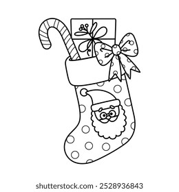 Isolated outline Christmas stocking with picture Santa Claus. Contour cartoon Xmas sock with gift box, candy cane. Coloring page. Black and white vector illustration. Perfect for winter holiday design