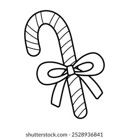 Isolated outline Christmas striped candy cane. Contour cartoon Xmas lollipop. Kids coloring page. Festive activities for children. Black and white vector illustration perfect for winter holiday design