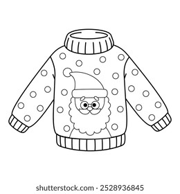 Isolated outline Christmas ugly sweater with picture Santa Claus. Contour cartoon festive New Year jumper. Coloring page. Black and white vector illustration of traditional clothes for Xmas party.