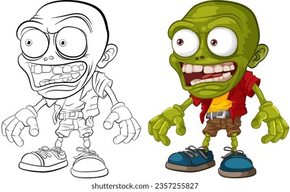 An isolated outline of a creepy and scary bald zombie monster man cartoon character