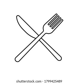 Horquilla de contorno aislada cruzada con icono de cuchillo sobre fondo blanco. Ilustración del vector