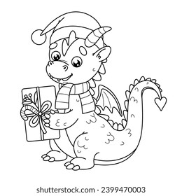 Isolated outline Dragon of Chinese New Year 2024. Kids coloring page. Color the contour dragon with a gift in paws and in Christmas hat of santa. Black and white vector for winter holiday design.