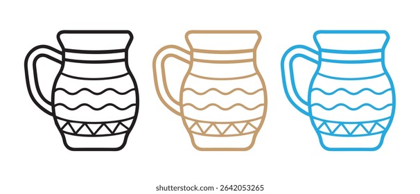Isolated outline drawing of ceramic jug pitcher with handle for water or juice illustration.