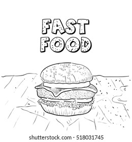 Isolated outline of a hamburger on a table, Vector illustration