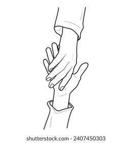 Isolated outline hand drawing of hand pull up hand under it, symbol of help, teamwork, team, friend, success, business, unity graphic element