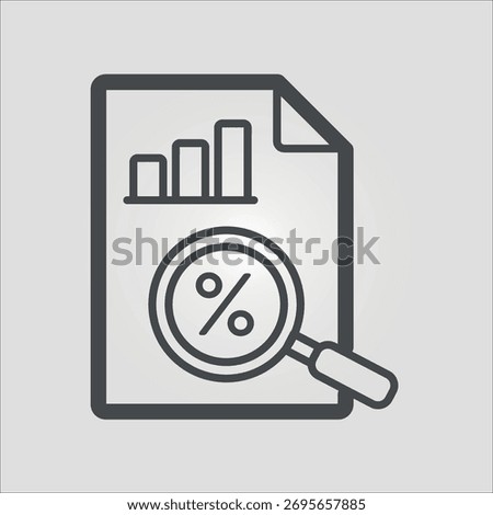 Isolated outline icon of a chart and a magnifier on a percentage symbol with editable stroke representing money or tax optimization