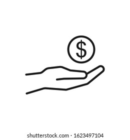 Isolated outline icon of coin money in black line hand on white background. Symbol of cash charity investment. Icon of wealth payment donation. Logo flat design.