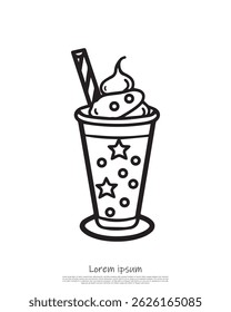 Isolated outline icon of a milkshake with a straw and decorative design. Features cream, stars and circles on a transparent background.