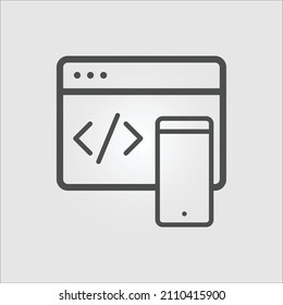 Isolated outline icon  of a screen with a string symbol and a mobile phone representing web development