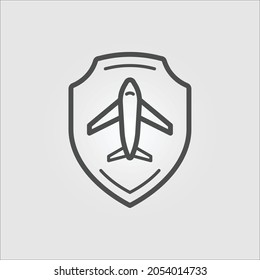 Isolated outline icon of a shield containing an airplane, representing travel insurance