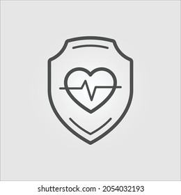 Isolated outline icon of a shield containing a heart lifeline, representing health or life insurance