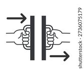 Isolated outline illustration bundle set showing hand holding door handle with arrows symbol push pull entrance direction signage