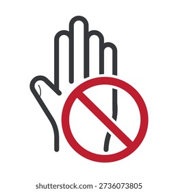Isolated outline illustration of five finger hand with prohibition sign symbol for warning restriction stop gesture minimal icon design