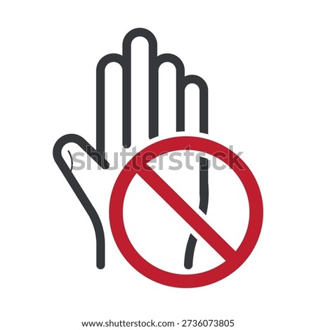 Isolated outline illustration of five finger hand with prohibition sign symbol for warning restriction stop gesture minimal icon design