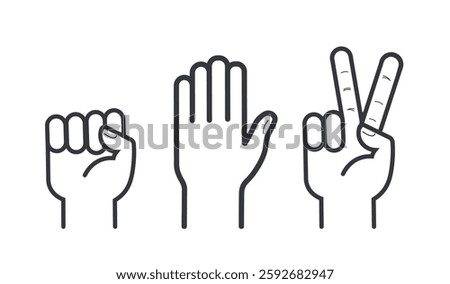 An isolated outline illustration of hand gestures representing rock, paper, and scissors, a symbolic game of chance, strategy, and decision-making