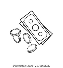 Pila aislada del pictograma de la ilustración del esquema del dinero, moneda y papel moneda, USD, dólar