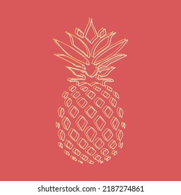 Isolated outline minimalistic blurry pineapple on red background