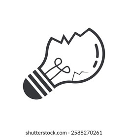 Isolated outline pictogram of break glass of bulb, broken lamp, cracked electric ligh bulb