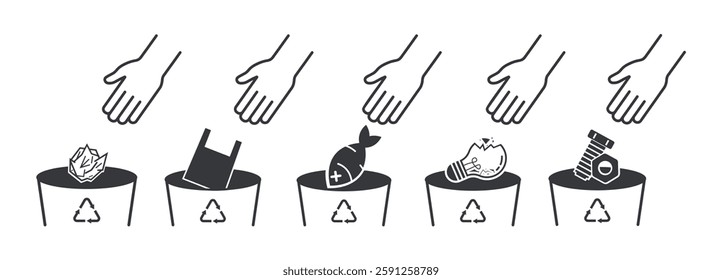 Isolated outline pictogram hand throw metal bolt and nut on trash bin, icon electronic waste separation