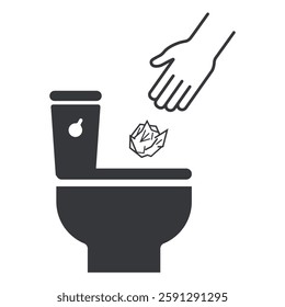 Isolated outline pictogram hand throw toilet paper on bowl WC, for keep clean, do not litter or bathroom sign