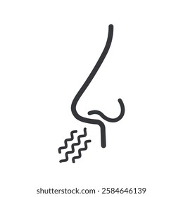 Isolated outline pictogram of inhail air on nose, smell sense body part