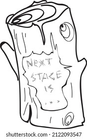Isolated outline sketch of tree log with bough with lettering scrawled on it next stage is