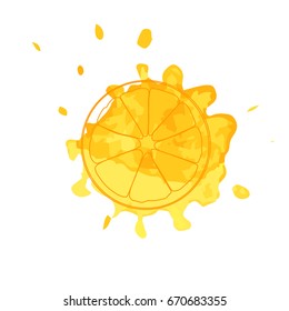 Isolated outline slice of orange on yellow watercolor spot of juice. Blot print of curve lines