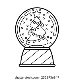 Isolated outline snow glass ball with Christmas tree. Contour cartoon snow globe. Festive New Year decoration. Coloring page. Black and white vector illustration. Perfect for winter holiday design.