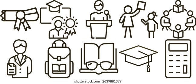 Isolated outline style icons showcasing education elements degree, teacher, student, backpack, calculator, podium speech, book, glasses, graduation cap, and study circle.