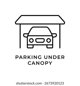 Icono de Vector de estilo de contorno aislado que representa un automóvil estacionado bajo un dosel protector, que simboliza el estacionamiento cubierto.