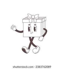 Isolated outline Vector groovy gift character. Vintage Hippie Retro illustration of Merry Christmas and Happy New Year gift mascot. Cartoon stylized 60s 70s design for greeting card, poster or banner