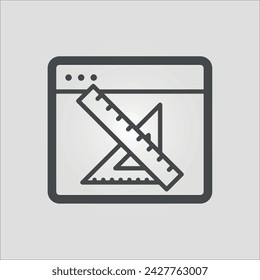Icono de vector de contorno aislado de una pantalla de aplicación que muestra una regla y un cuadrado, que representa la arquitectura de la información, con trazo editable.