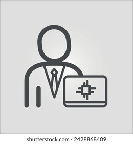 Isolated outline vector icon of a business man with a computer representing a CTO, chief technology officer, with editable stroke.