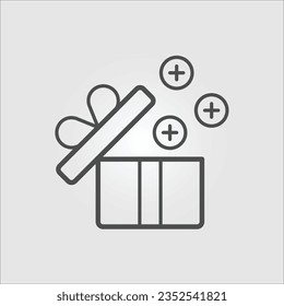 Isolated outline vector icon of coins coming out of an open gift box with editable stroke