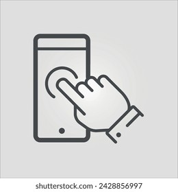 Isolated outline vector icon of a finger touching a mobile screen, with editable stroke.
