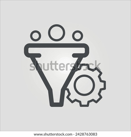 Isolated outline vector icon of a funnel and gear, representing the process of conversion rate optimization, with editable stroke.